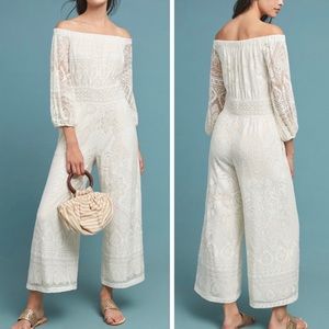 Farm Rio Elliot Off-The- Shoulder Lace Jumpsuits, Size MP
